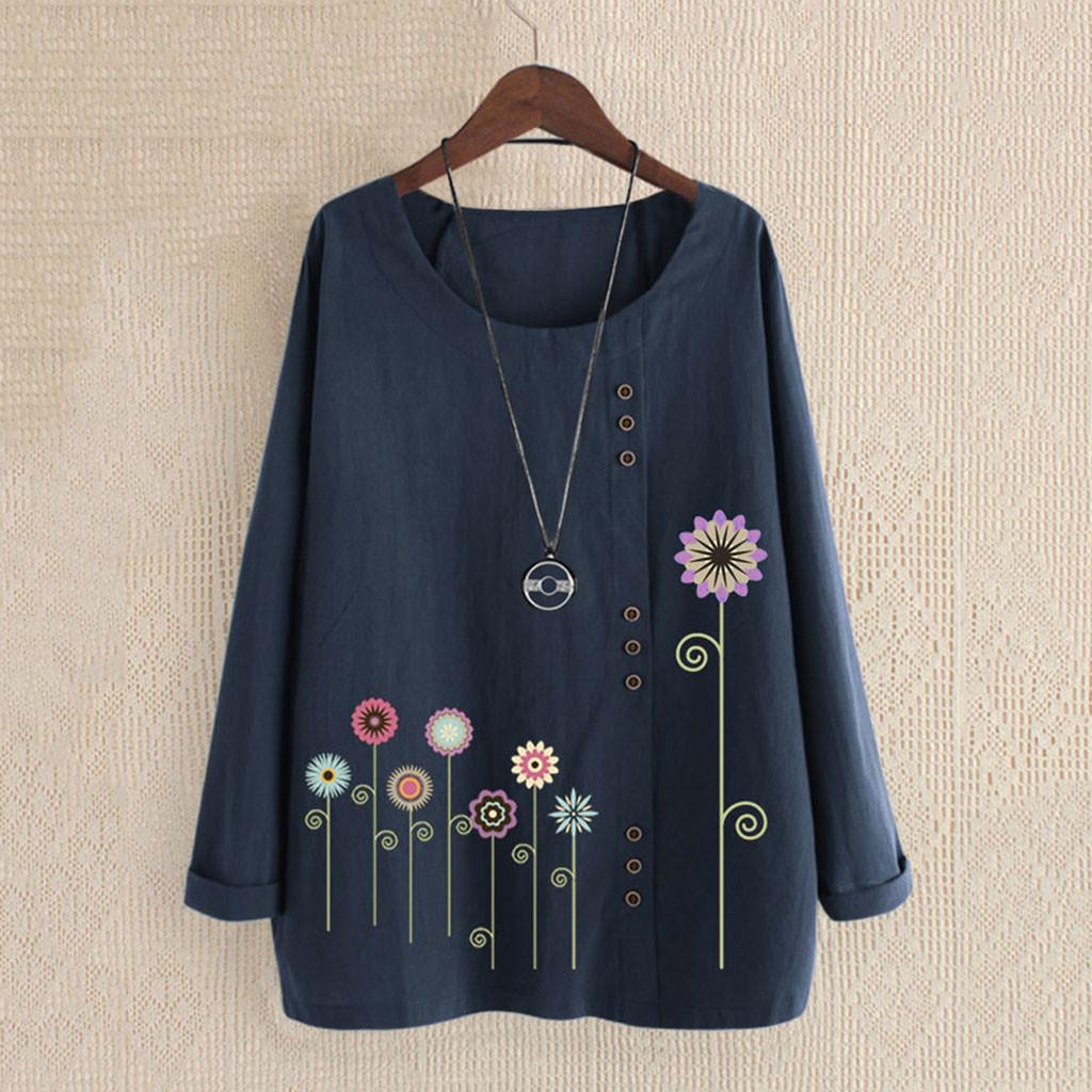 Women’s Casual Plus Size  Print Loose Button Long Sleeve Blouse Tops