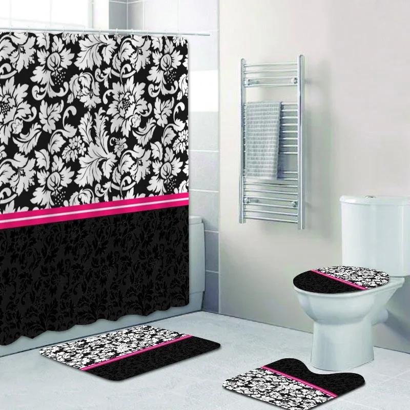 Luksusowa Czarno-Złota Zasłona Prysznicowa z Wzorem Damask Zestaw Łazienkowy Złoty Wspaniały Wzór Mata Łazienkowa Dekoracja Toalety