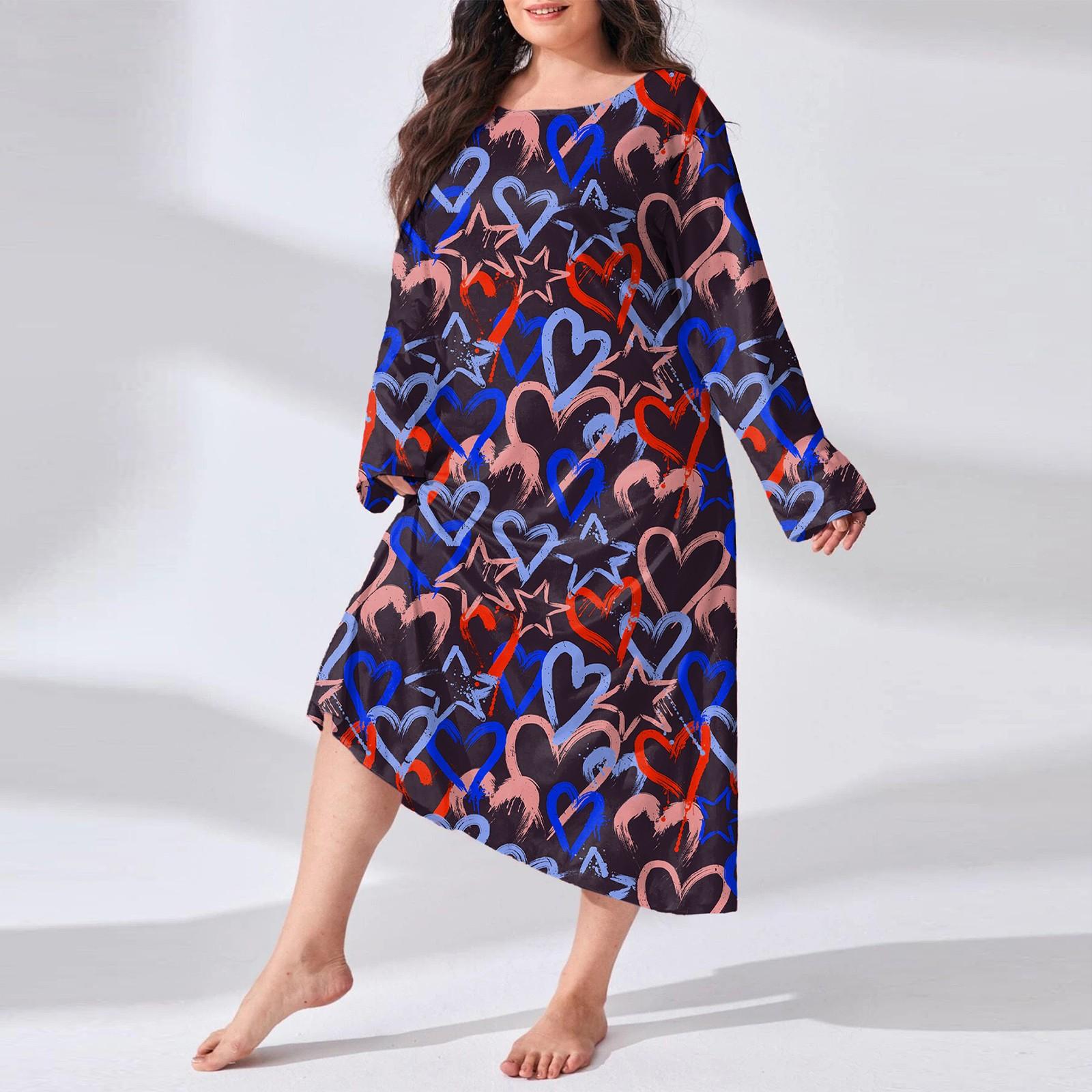 

Женская модная пижама больших размеров с круглым вырезом и длинными рукавами с принтом, ночная рубашка, платье XXXXL красный