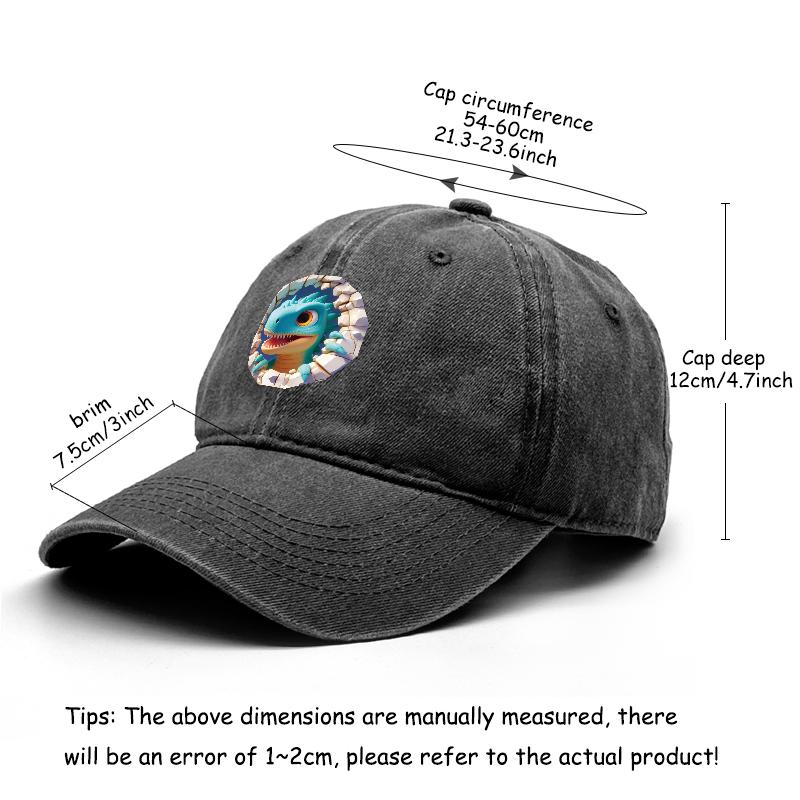 Cartoon Dinosaur Print Snapback Sun Hat, Animal Dad Hat Cozy Sun Protective Slouchy Vintage-Inspired Adjustable Baseball Cap