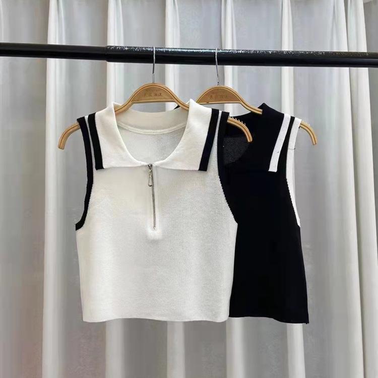 2026 Spring/Summer Women's Color Block Knit Vest with Doll Collar and Tight Elastic High Waist Cropped Design