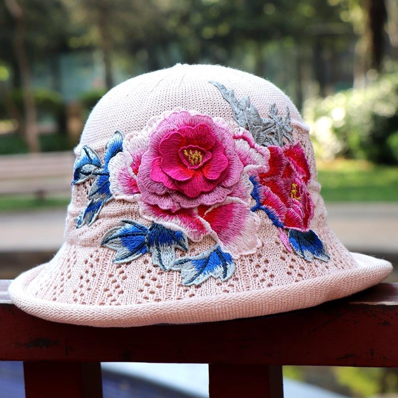 Vår og sommer etnisk vind broderi blomst sammenleggbar hatt dame strikkelue sandbøttehatt