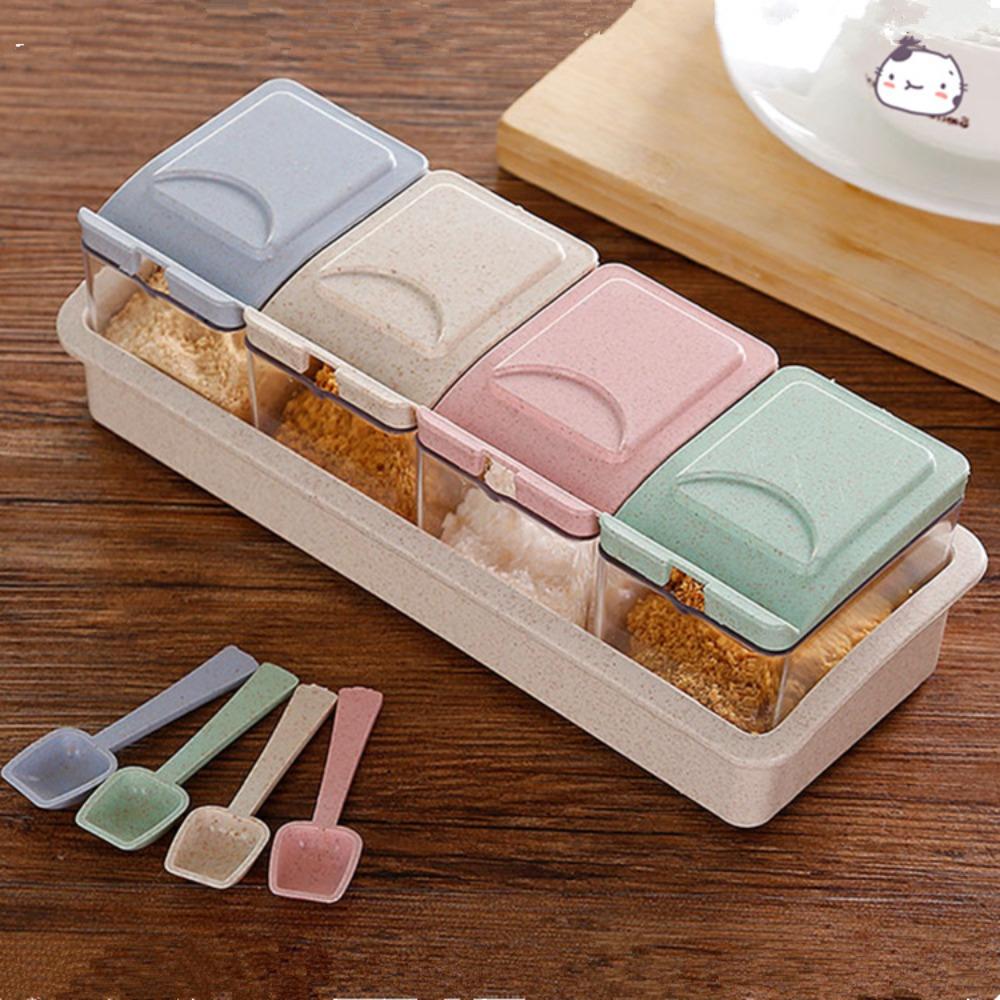 New 4 Grids Seasoning Box with Spoon Multifunctuion Kitchen Organizer Integrated Eco-friendly Storage Spice Jars Kitchen Use