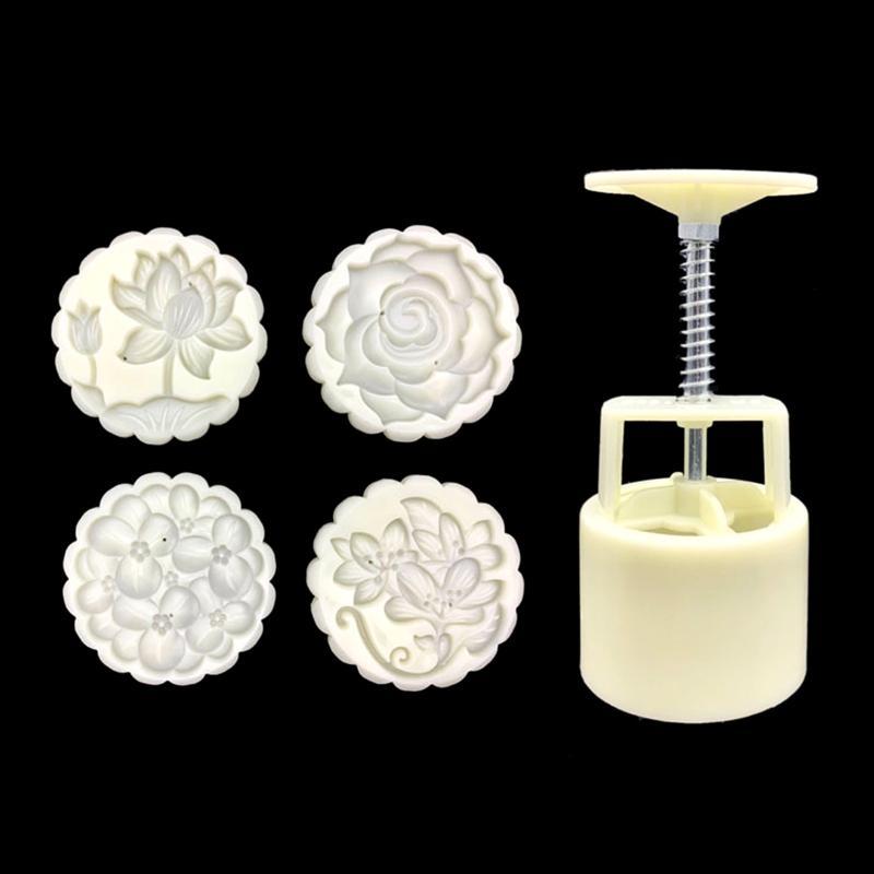 100/125g Mooncake Barrel Mold with 4pcs Stamps Hand Press Moon Cake Pastry Mould DIY Bakeware Mid-autumn Festival