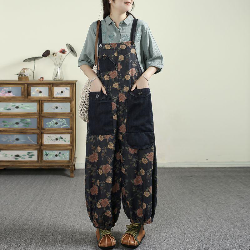 

Qianqiufeiyan Cotton Retro Print Loose Plus Size Patch Denim Suspenders 25 Summer New Arrival Fashion Big Yellow Flower L