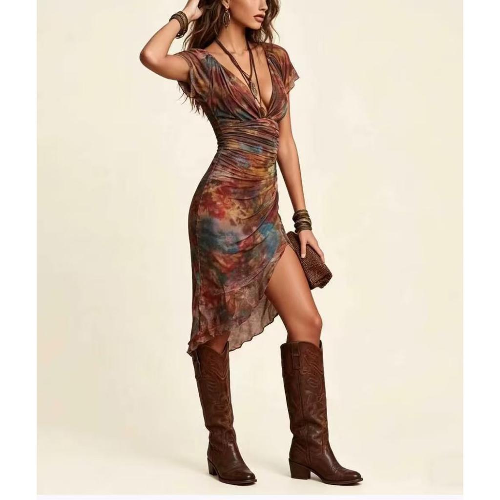 Boho-Print V-Ausschnitt Tailliert Schlankmachendes Mittellanges Elegantes Modekleid für Damen Europäischer Amerikanischer Stil