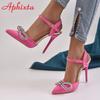 Aphixta New Crystals Rose Flowers 12cm High Stiletto Heels Ankle Strap Sandals Women Pointed Toe Party Heels Shoes Plus Size 43
