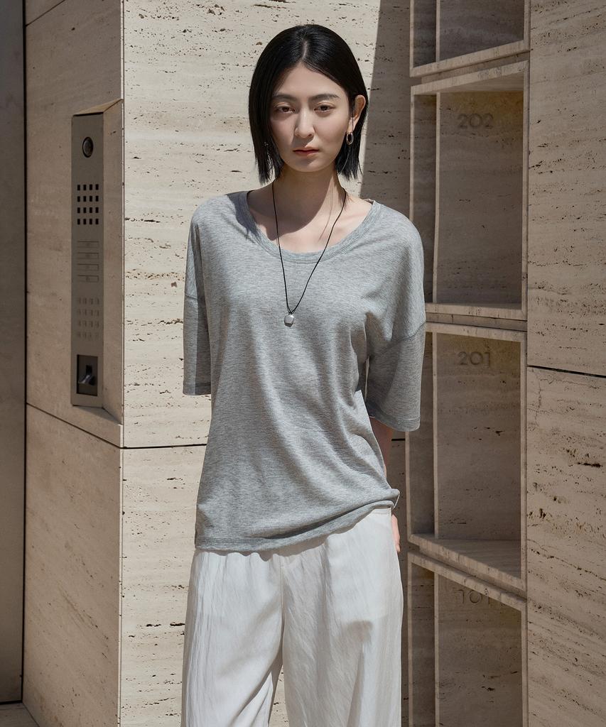 Siyajyu Sitp5287 U-Neck Relaxed Short Sleeve T-Shirt_Melange Gray