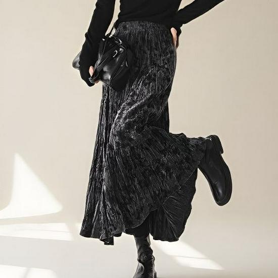 High Waist Pleated Midi Skirt - Autumn/Winter Long Flowy Texture S suitable for 40-48kg