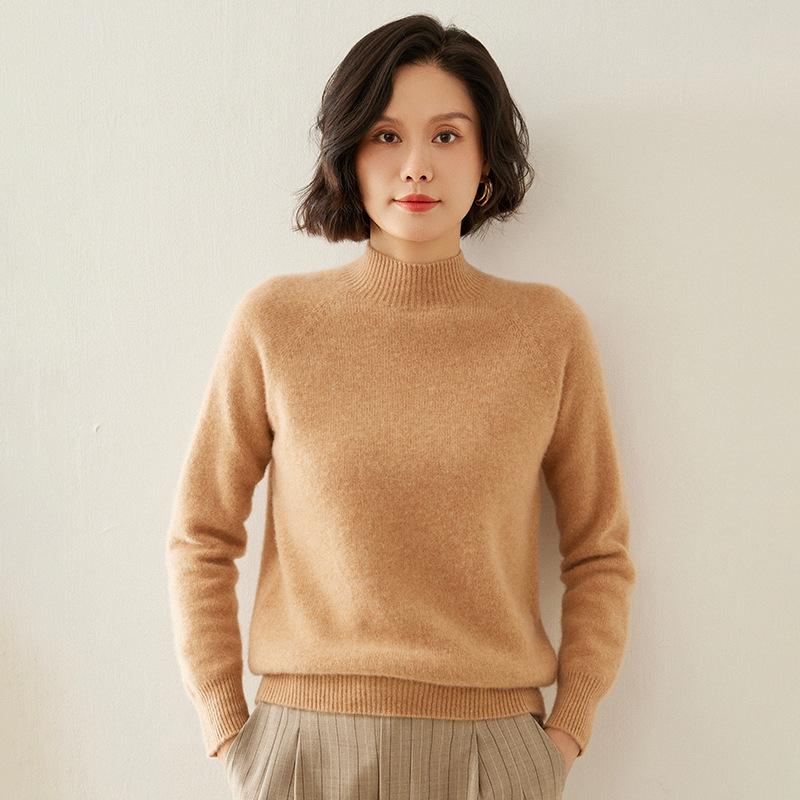 Women's Cashmere Raglan Sleeve Slim Fit Sweater - Half High Neck, Thickened, Solid Color, Versatile Knitted Top.