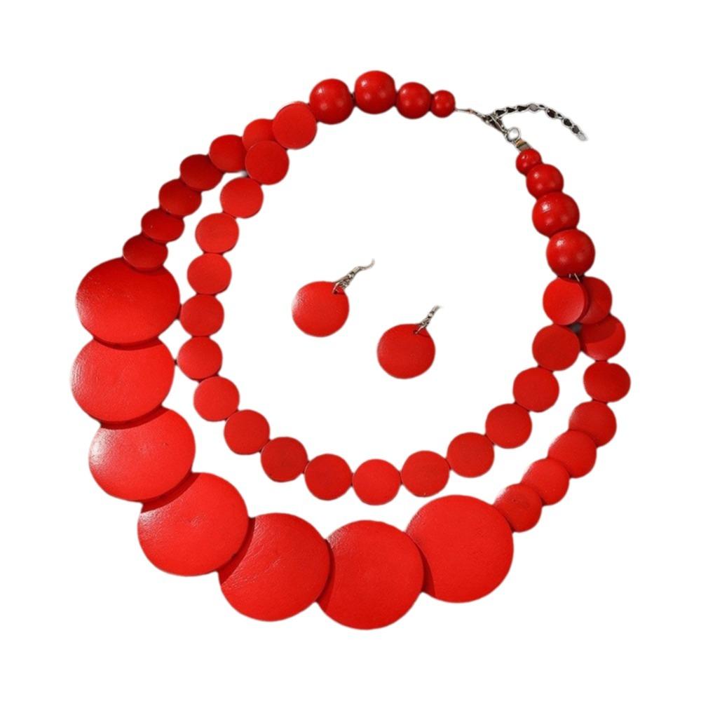 Chunky Wooden Beaded Necklace Double-layer Round Necklace Simple Necklace Earrings Set  Beach красный