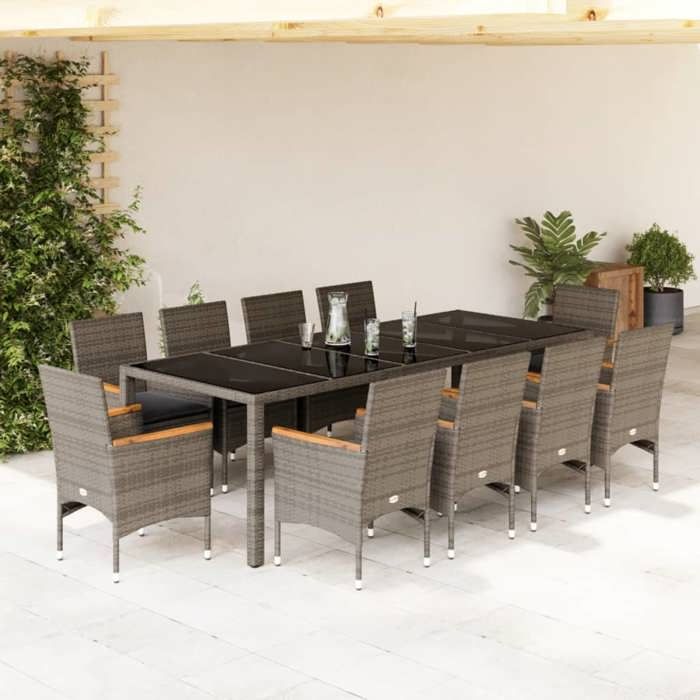 VidaXL Garden Dining Set and Cushions 11 Pcs Grey Rattan Glass 3278736