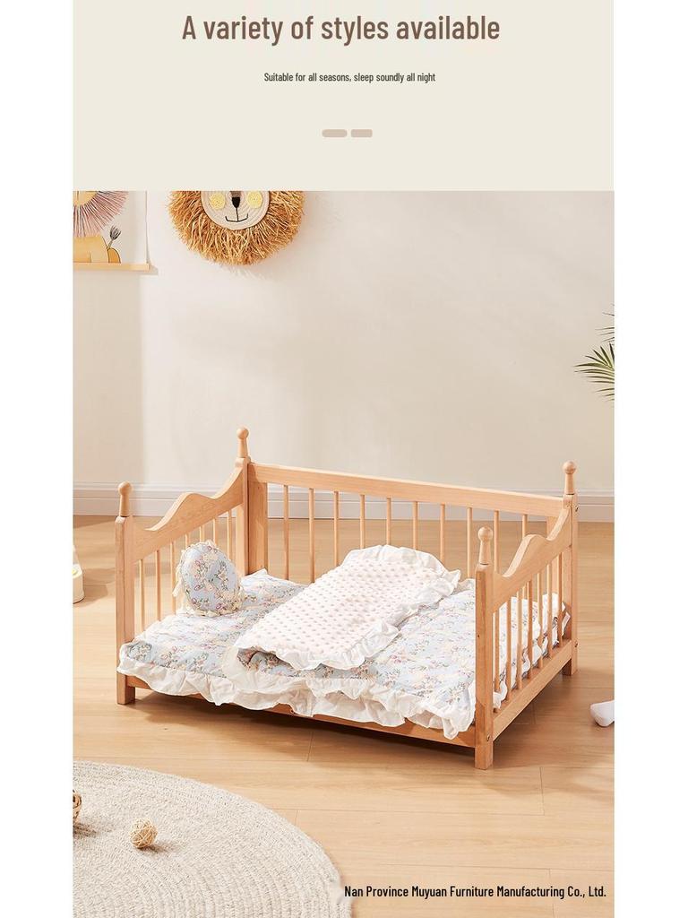 Spring Moisture-Proof Solid Wood Pet Bed - Removable, Washable Beech Playpen for Dogs and Cats