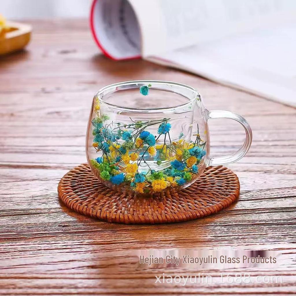 Creative Double-Layer High Borosilicate Glass Cup with Real Dried Flowers, Ideal for Milk or Juice