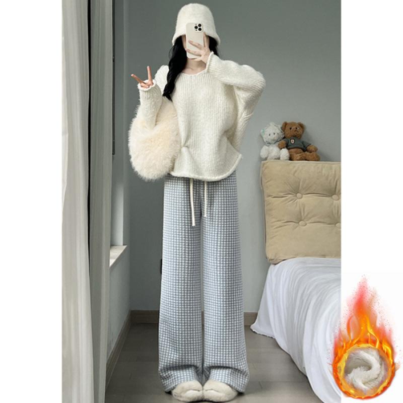 Autumn and winter new lazy style casual pants women's drape straight thin lamb wool thousand bird grid wide leg pants