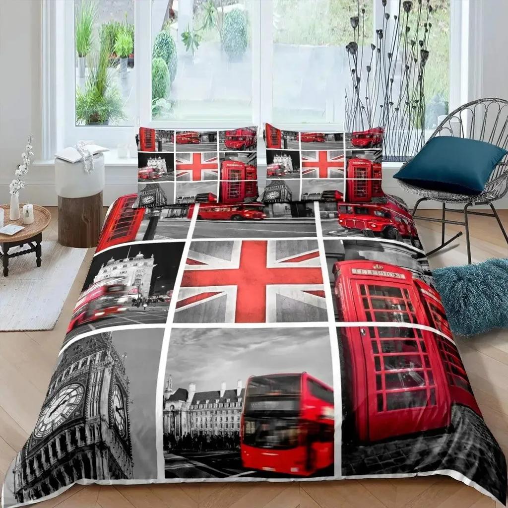 London Duvet Cover Full SizeTelephone Booth The Big Ben Bedding Set Comforter Cover Set Nostalgic Retro United Kingdom Bedding