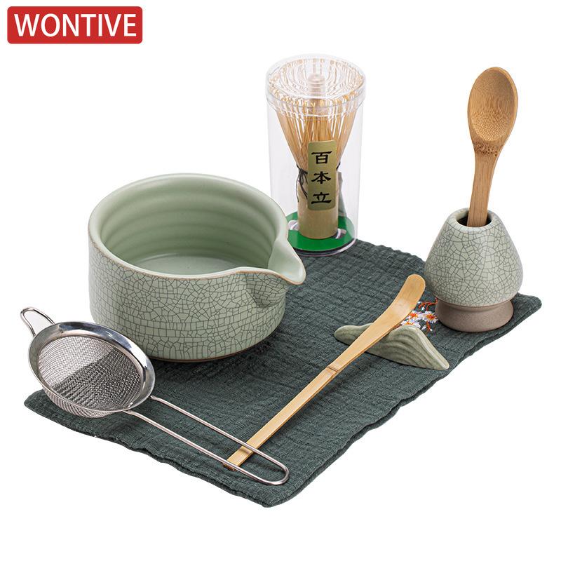 Japanese Matcha Tea Set Ru Kiln Cracking Ceramic Matcha Bowl with Spout Tea Whisk Baibenli 2/4/5/8-Piece Tea Making Tool Set