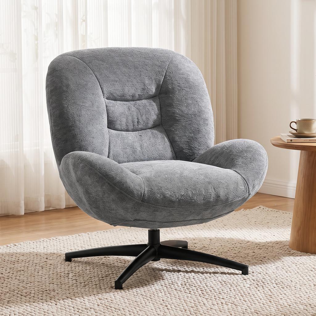 Living Room Swivel Lounge Chair With Wide Seat Integrated Armrest Chenille Look Dark Gray