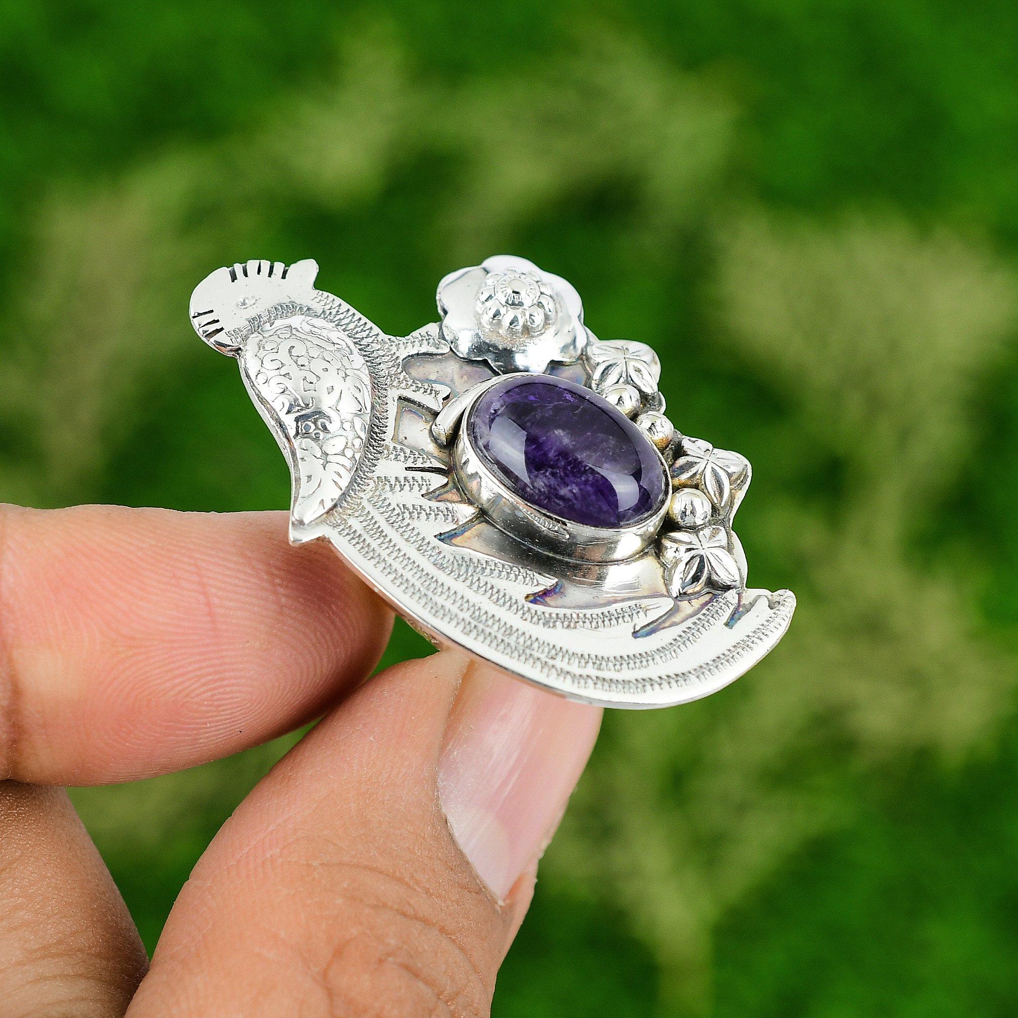 

Натуральный африканский аметист драгоценный камень кольцо-обещание птица фиолетовое регулируемое кольцо серебро 925 пробы Adjustable