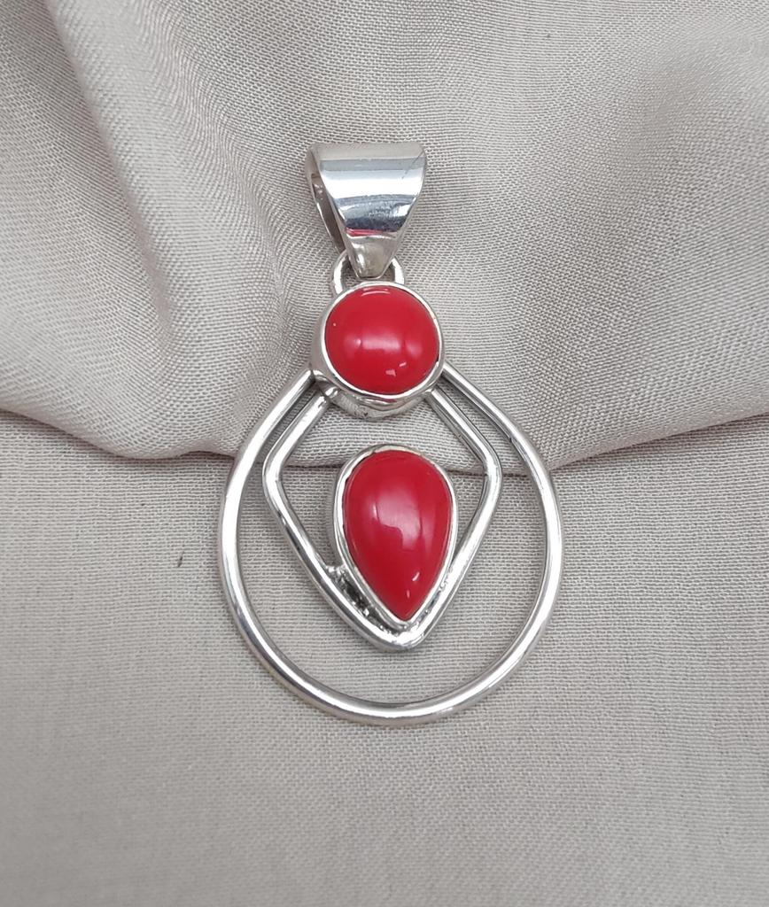 Red Coral Pendant: Two-Stone 925 Sterling Silver Boho Necklace