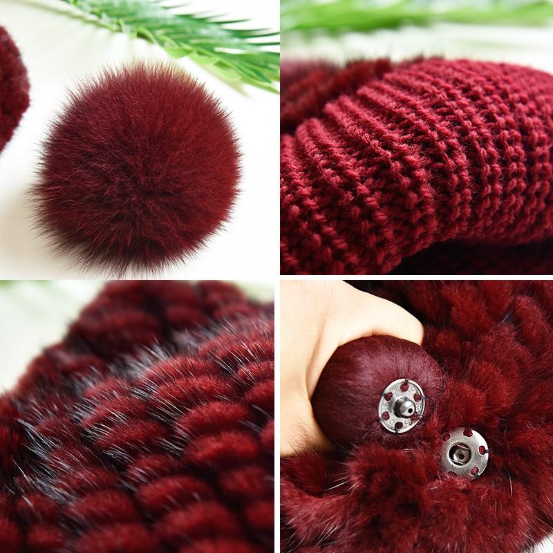 Women Winter Real Mink Fur Beanie Hat With Sliver Fox Pompom Warm Woven Knit Lined Caps Female Fashion Winter Hat
