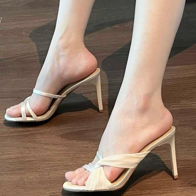 French Niche Open-toed Mesh Silk with Slippers Women's Summer New Sweet Outer Wear Stiletto High Heels Women's