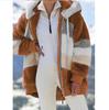 Autumn and Winter Warm Plush Patchwork Zipper Pocket Hooded Jacket for Women