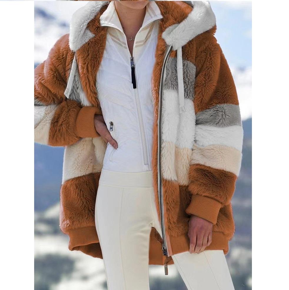 Autumn and Winter Warm Plush Patchwork Zipper Pocket Hooded Jacket for Women