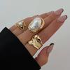 3Pcs/set Gold Color Irregular Pearl Open Rings Set for Women Exaggerated Vintage Metal Folds Thick Chunky Ring Jewelry Gifts