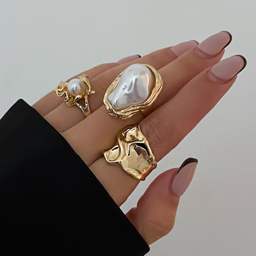3Pcs/set Gold Color Irregular Pearl Open Rings Set for Women Exaggerated Vintage Metal Folds Thick Chunky Ring Jewelry Gifts