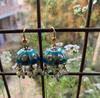 Handcrafted Blue Enamel Jhumka Earrings with Pearl Beads | Traditional Indian Lacquer Dangle Earrings