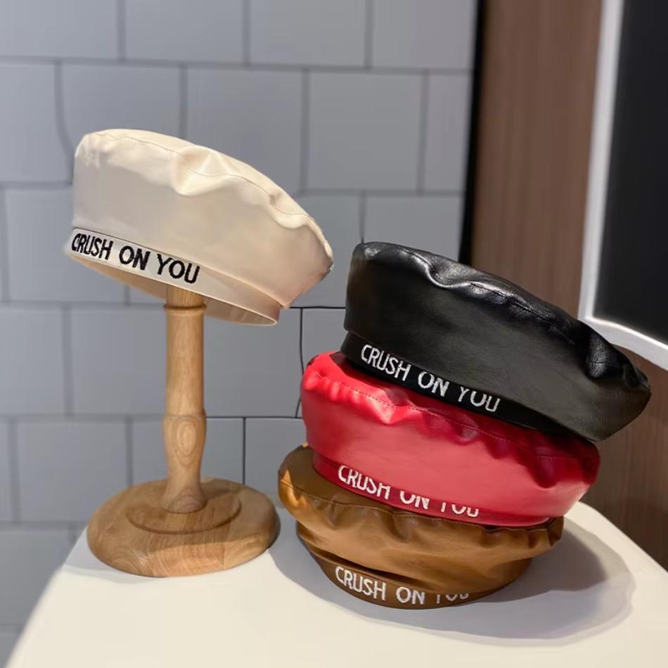 Beret Women's Spring Autumn New Embroidered Letter PU Leather Flat Top Japanese and Korean Street Shooting Fashion Bud Hat