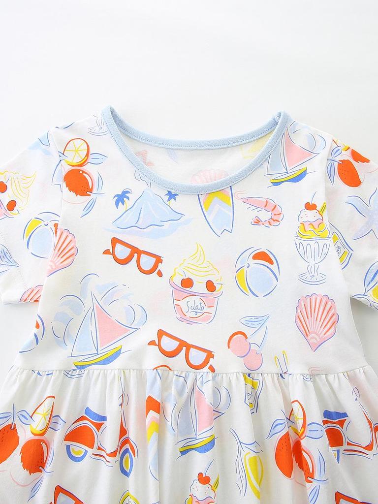 Girls' European Style Short Sleeve Princess Dress - Cute Print, Knit Cotton, Toddler Summer New Arrival
