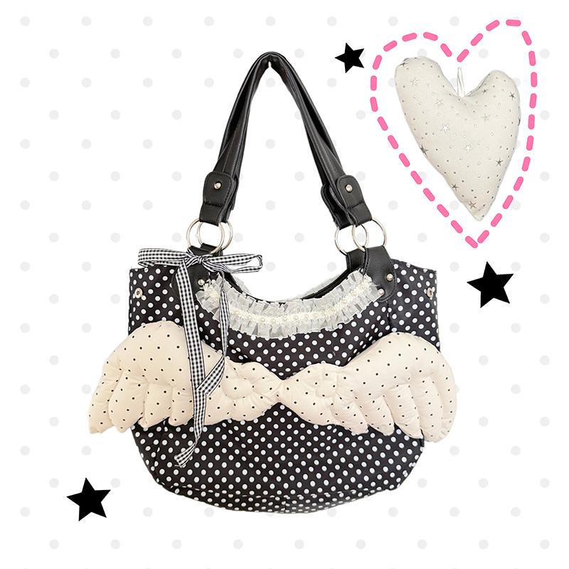 Y2k Polka Dot Wing Tote Bag Double-sided Lace Trim Shoulder Bag Large Capacity Harajuku Style Canvas Handbag Cute Casual Purse