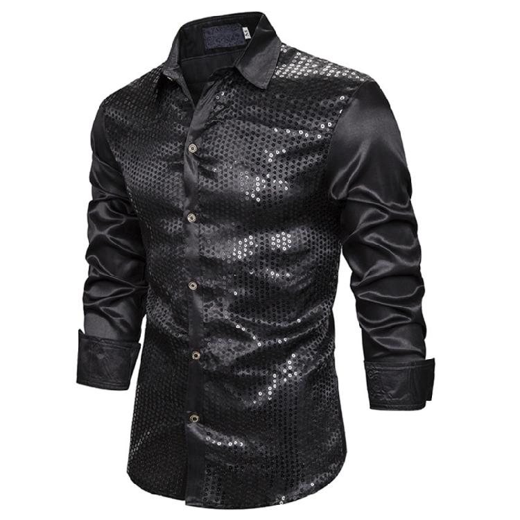 Men's Shines Sequins Long Sleeve Button Down Shirt for Halloween Cosplay 70s Disco Party Dress Shirt