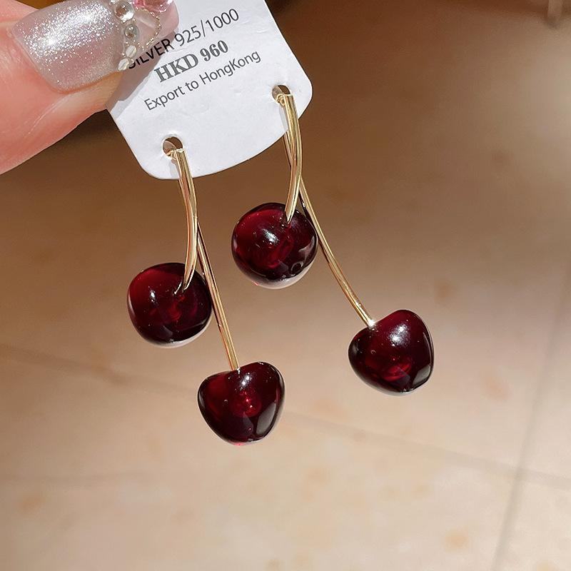 Silver Needle Cherry Resin Earrings Korean Simple Design Earrings Summer Premium Commuter New Earrings
