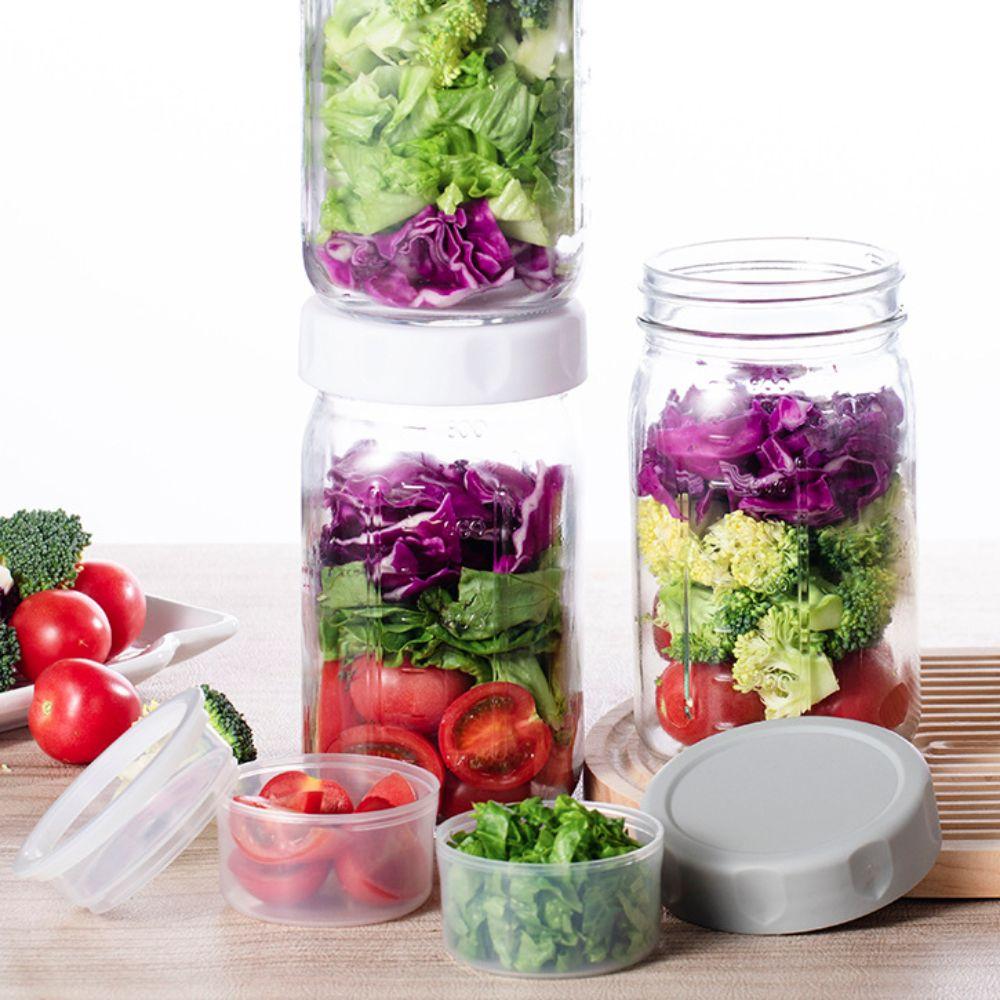 Pacote com 4 Potes de Vidro para Salada de 32 Oz com Recipiente para Molho Embutido e Marcações de Escala Potes Mason Jars Separação Úmido e Seco Copo à Prova de Vazamentos para Aveia
