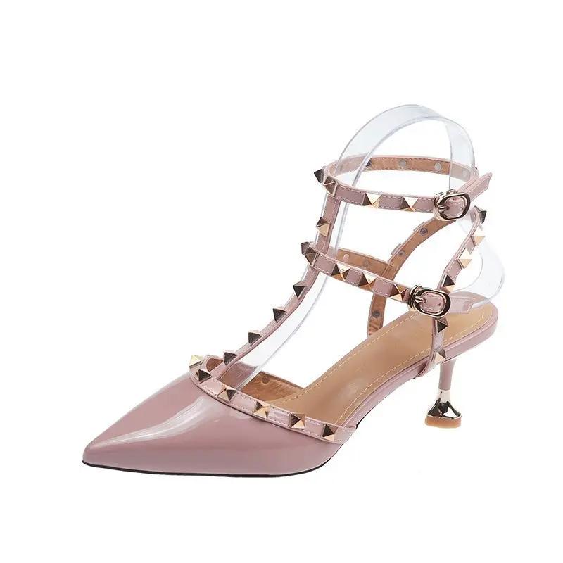 Women's Shoes  Summer Sandals Pointed Toe Patent Leather Rivet Buckle Sandals Stiletto Beige Khaki Red All-match High Heels