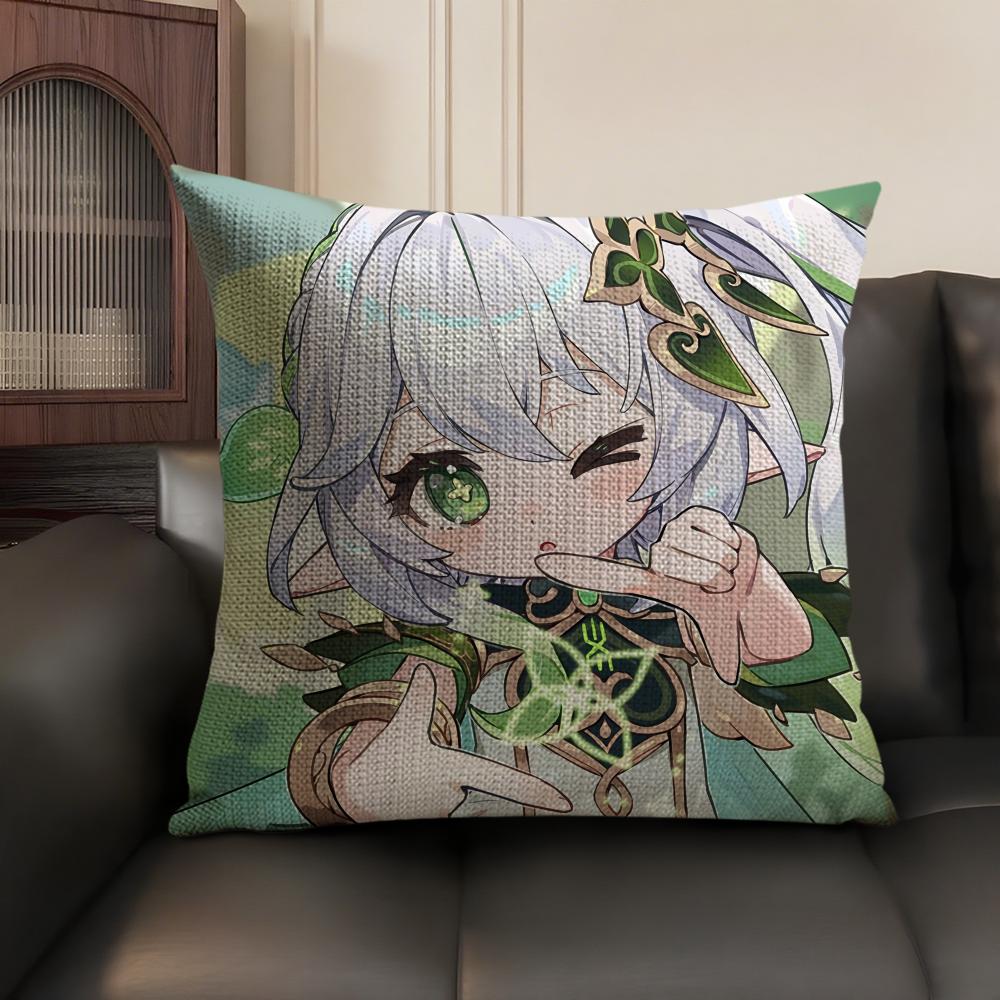 Nahida Genshin Impact Cute Cushion Cover Natural Linen Organic Fabric DoubleSided Printing Sofa Home Decor Gift Pillow Case