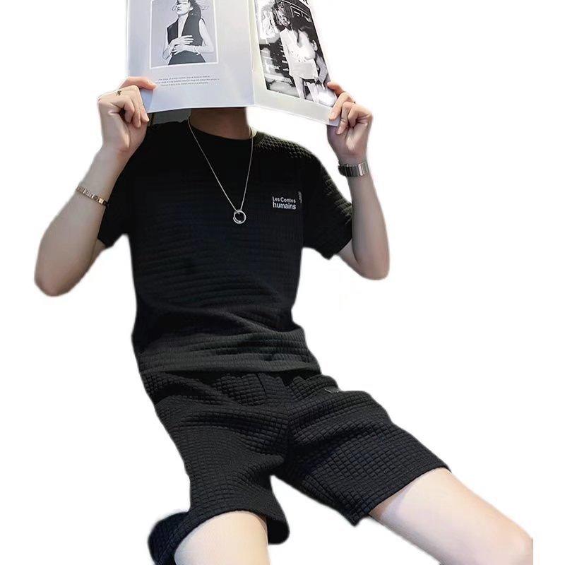 Herr Trendig Våfflad Kortärmad T-shirt och Shorts Sommarset