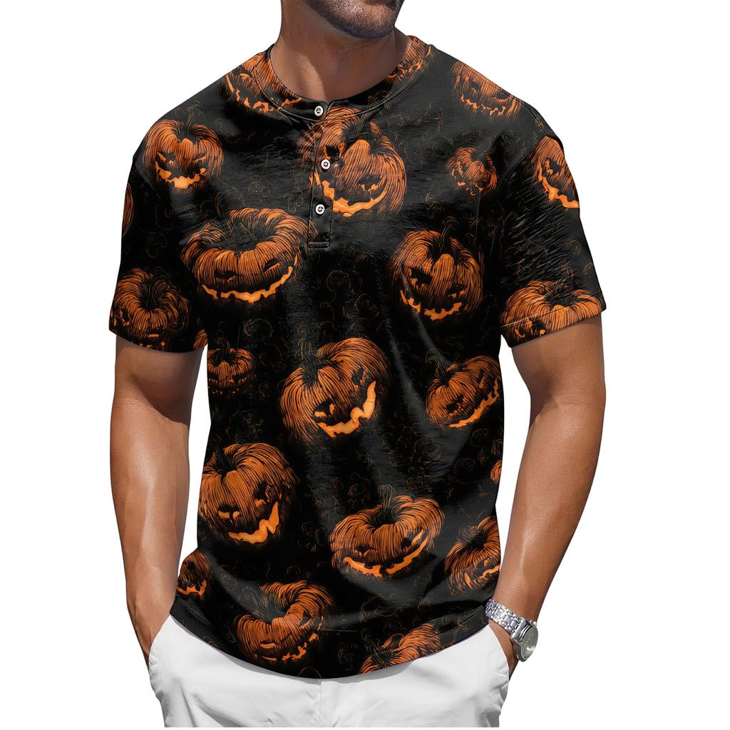 Men's Halloween Print Short Sleeve Henley Shirt Casual Button Up Top with Pumpkin Pattern Lightweight Breathable Fabric for Everyday Wear