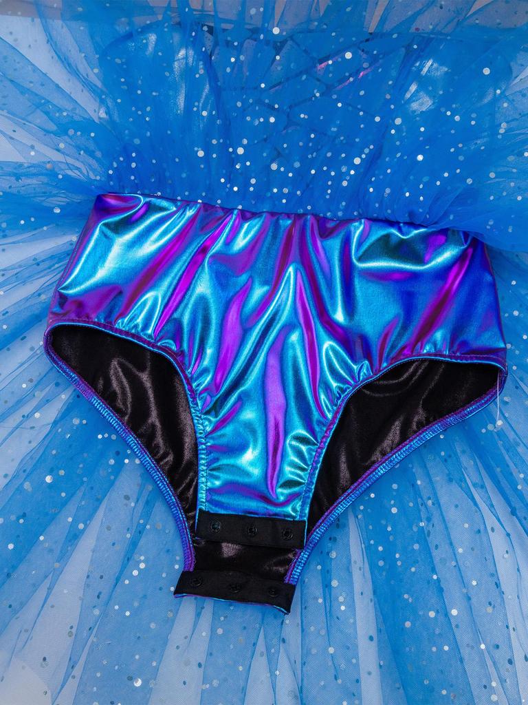 Girls Alien Costume Sequins Shiny Metallic Halter Sleeveless Built-In Crotch Press Buttons Briefs Mesh Tutu Dress
