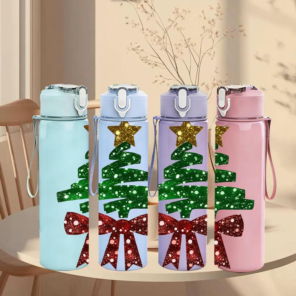 1PC Red Bow Christmas Tree Print 750ml Color Plastic Sports Water Bottle Leakproof Flip Straw Lid Suitable for Sports Office Home Use