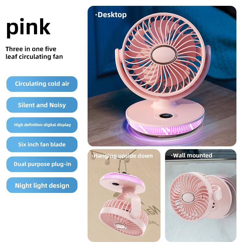 New Protable Mini Fan Rechargeable LED Digital Screen Fan Wall Mounted Fan with 8H Timing 180° Adjustable 7 Colorful Lights