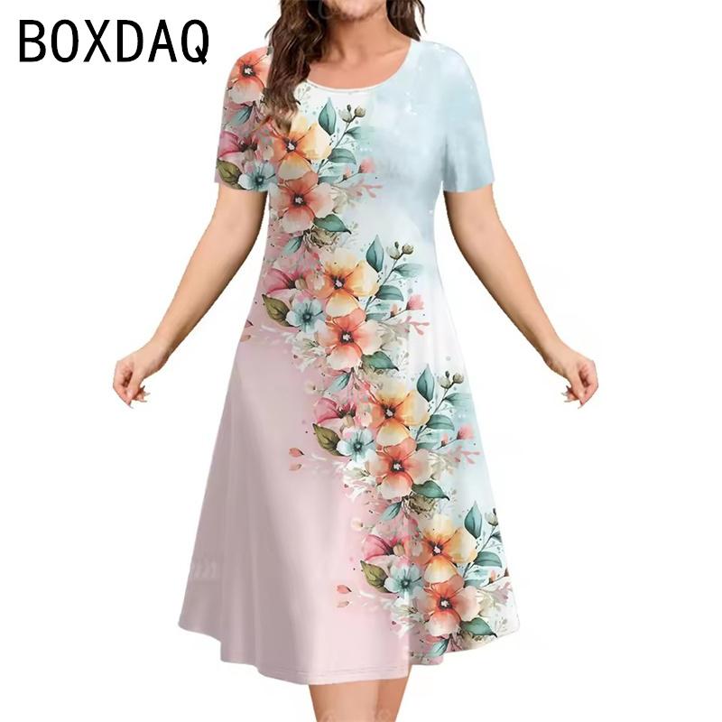 Oversized Women Dress Elegant Vintage 3D Floral Gradient Printed Dress Big Size Summer Short Sleeve Loose Casual A-Line Dress