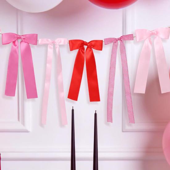 Valentine's Day Bow Garland for Bridal Shower Bachelorette Wedding Engagement Red Pink Ribbon Bow Banner for Mantle Wall Room Decor