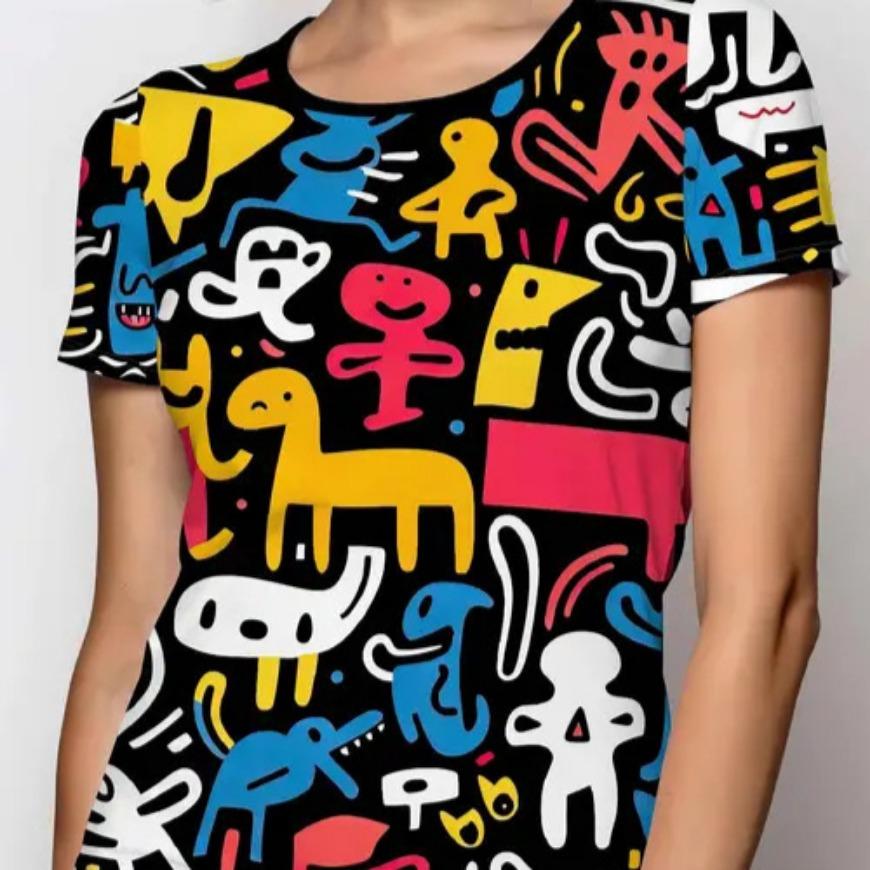 Summer Women's Casual Animal 3D Print Women's Round Neck Short Sleeved T-shirt