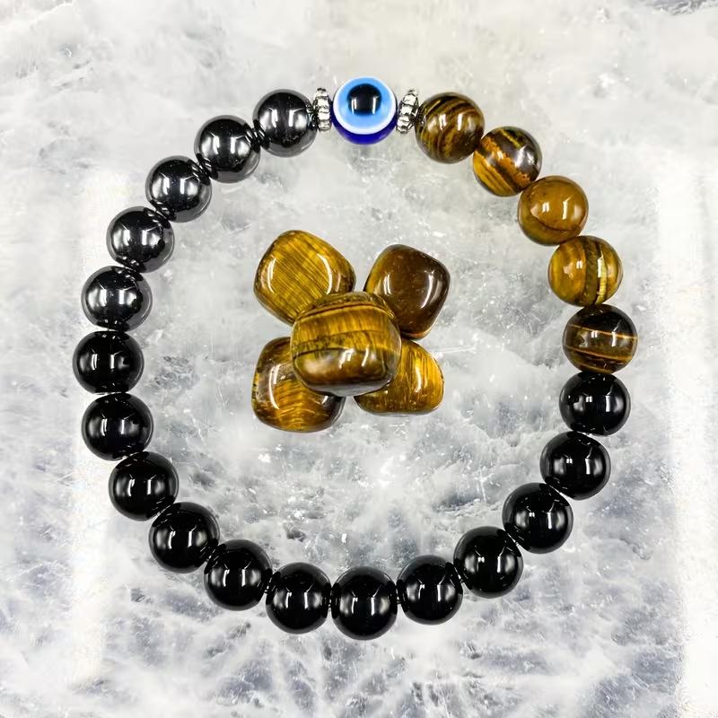 Elastic Evil Eye Bracelet: Black Glass, Blue Eye, and Yellow Tiger Eye 8mm