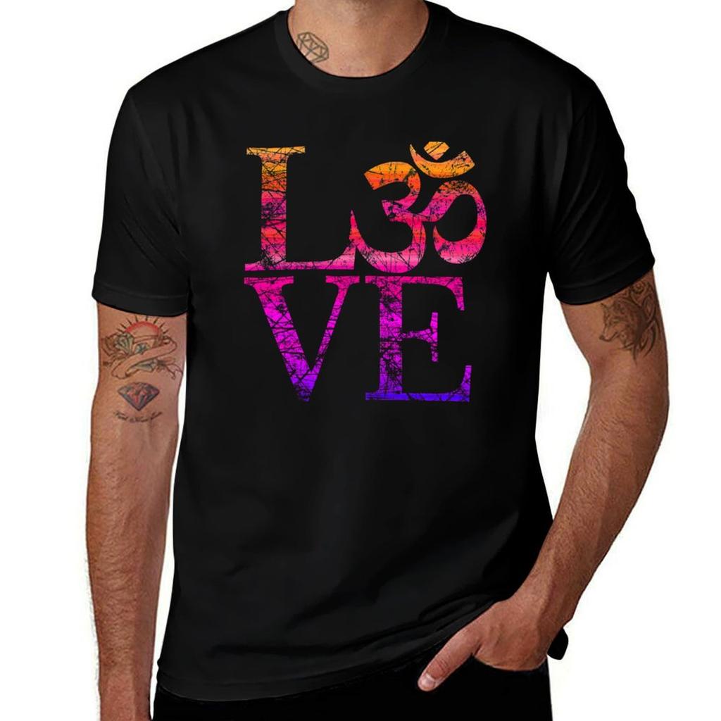 OM LOVE Spiritual Symbol in Distressed Style TShirt Heavy Duty Casual Work Tee