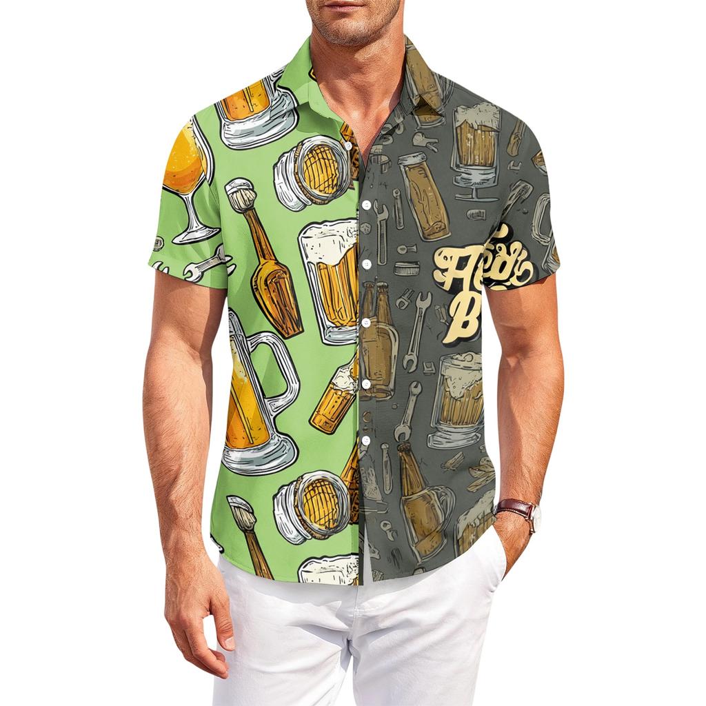 Camicia da uomo casual a maniche corte con bottoni, vestibilità larga, con stampa a motivo birra, per l'estate, da esterno e per l'uso quotidiano